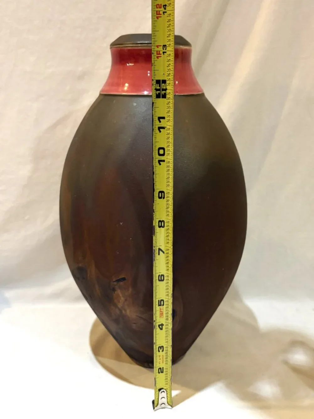 Raku Pottery Olive Shaped Vase 13.5 inch Tall with Red Glazed Collar